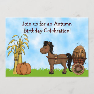 Cute Autumn Pony with Cart Fall Horse Birthday Invitation