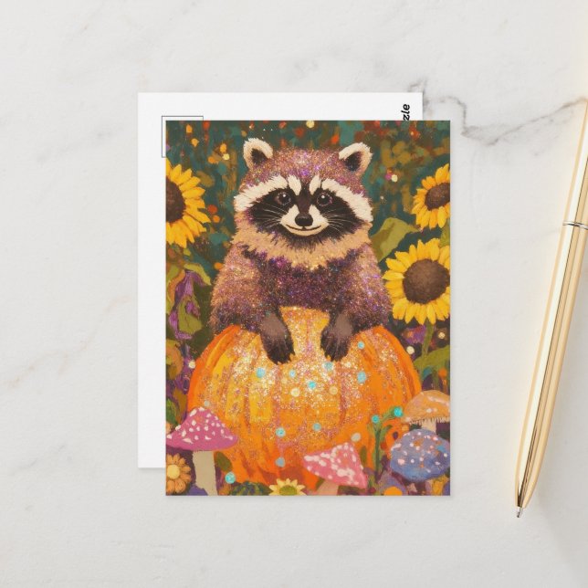 Cute Autumn Raccoon Postcard (Front/Back In Situ)