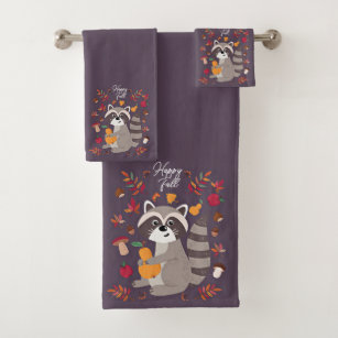 Cute autumn racoon with custom text bath towel set