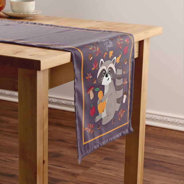 Cute autumn racoon with custom text  short table runner (In Situ)