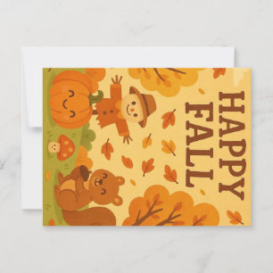 Cute autumn scene with pumpkin and squirrel postcard