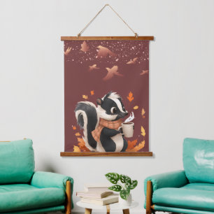 Cute Autumn Skunk with Coffee Wall Tapestry - Cosy