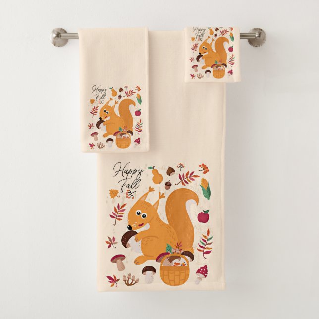 Cute autumn squirrel with custom text   bath towel set (Insitu)