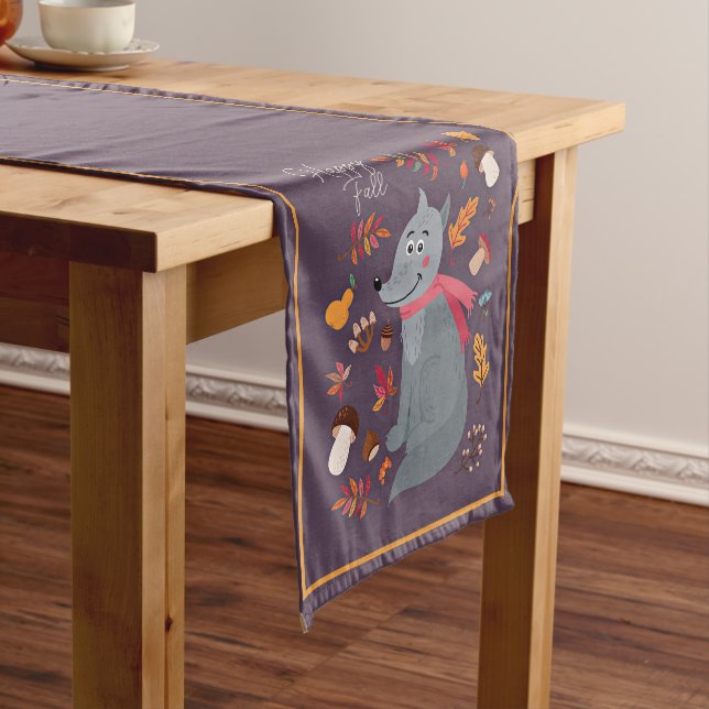 Cute autumn wolf with custom text  short table runner (In Situ)