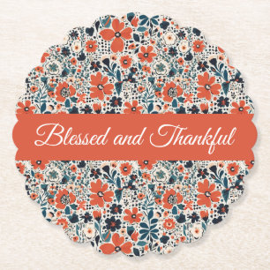 Cute Autumnal Floral Pattern Blessed & Thankful Paper Coaster