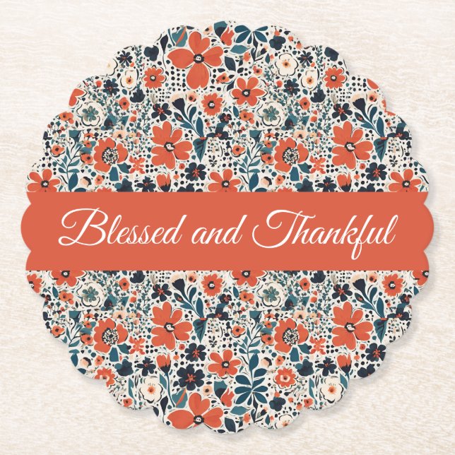Cute Autumnal Floral Pattern Blessed & Thankful  Paper Coaster (Front)