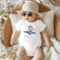 Cute Aviation Bear Blue Plane One 1st Birthday 