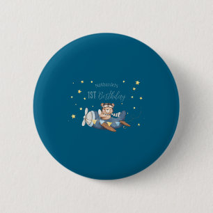 Cute Aviation Bear Blue Vintage Plane Birthday Bab 6 Cm Round Badge