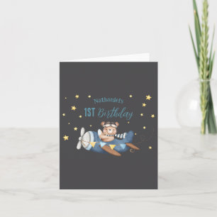 Cute Aviation Bear Blue Vintage Plane Birthday Bab Card