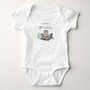 Cute Aviation Bear Blue Vintage Plane Birthday Baby Bodysuit