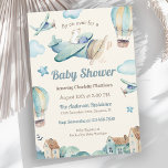 Cute Aviation Theme Baby Shower for Boy Invitation<br><div class="desc">A wonderfully unique and imaginative baby shower invitation to welcome a baby boy, this design features a storybook illustration of a bear flying in on an aeroplane with hot air balloons, puffy clouds and other planes all flying in to celebrate the special event. The design elements are illustrated in soft...</div>