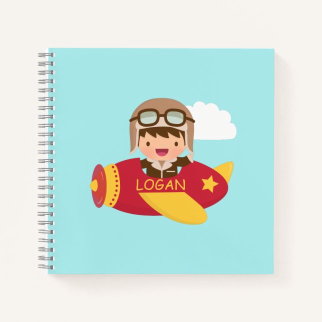 Cute Aviator Aeroplane Adventure Boys Personalised Notebook (Front)