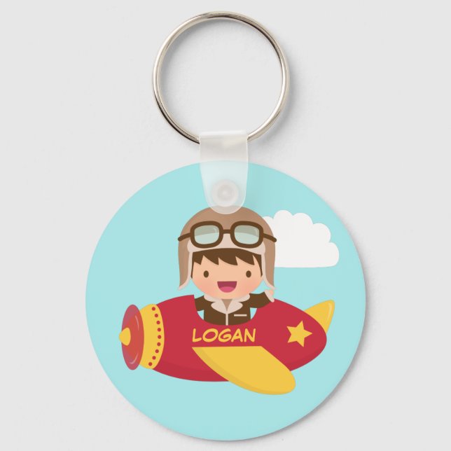 Cute Aviator Boy Aeroplane Adventure For Kids Key Ring (Front)