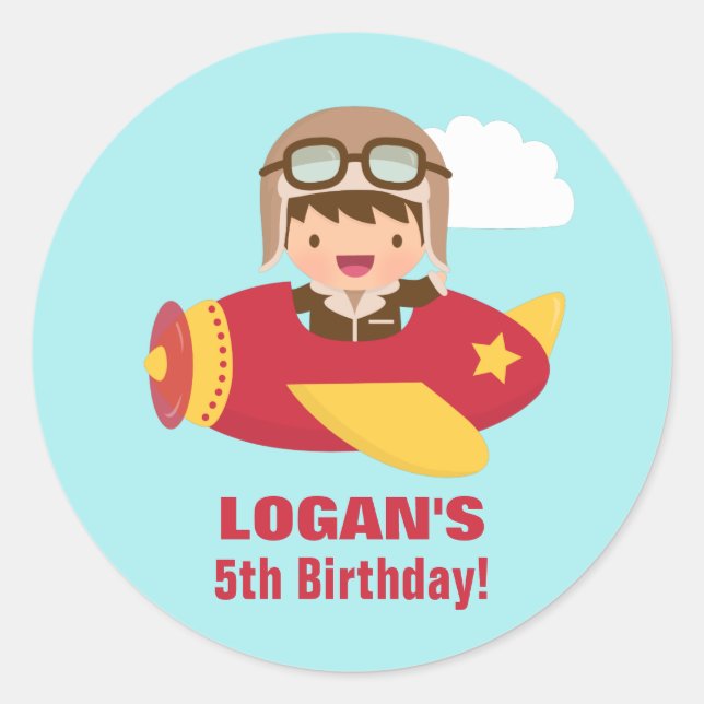 Cute Aviator Boy Aeroplane Birthday Party Classic Round Sticker (Front)