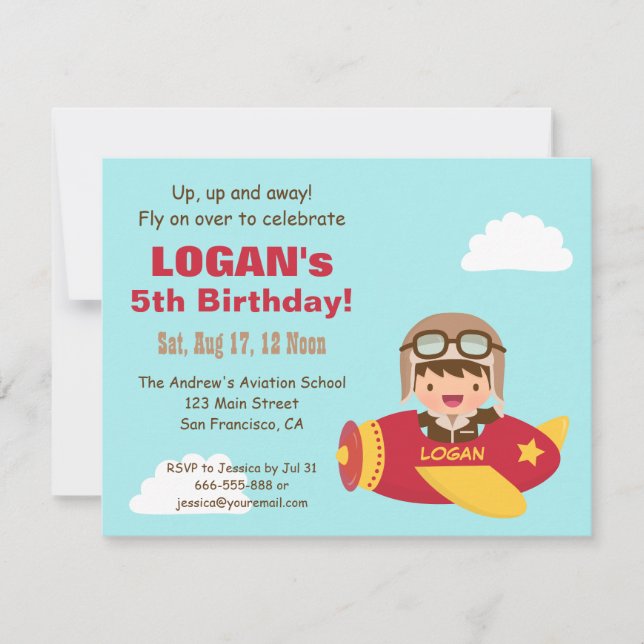 Cute Aviator Boy Aeroplane Birthday Party Invitation (Front)