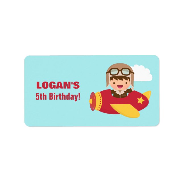 Cute Aviator Boy Aeroplane Birthday Party Label (Front)