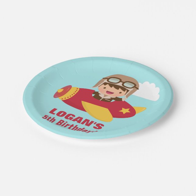 Cute Aviator Boy Aeroplane Birthday Party Paper Plate (Angled)