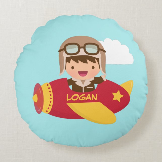 Cute Aviator Boy Aeroplane Kids Room Decor Round Cushion (Front)