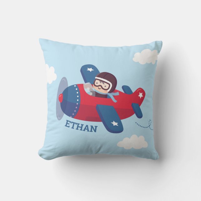 Cute Aviator Pilot Aeroplane Baby Boy Nursery Deco Cushion (Front)