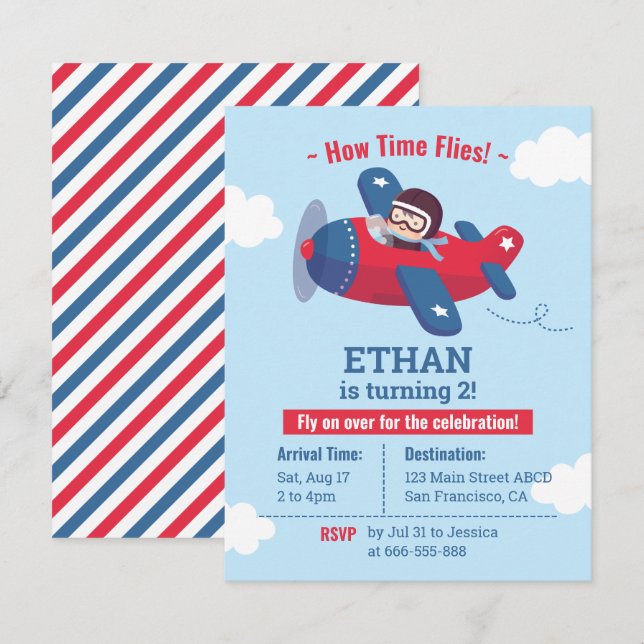Cute Aviator Pilot Aeroplane Boys Birthday Party  Invitation (Front/Back)