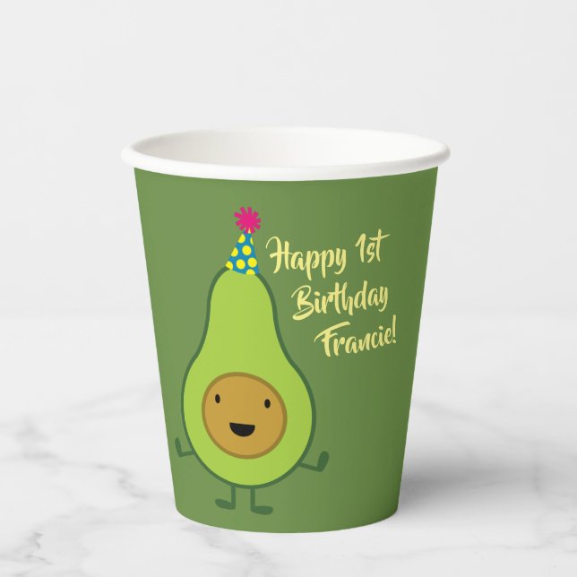 Cute Avocado 1st Birthday Kids Paper Cups (Front)