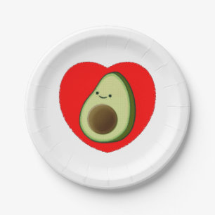 Cute Avocado Cartoon In Red Heart Paper Plate