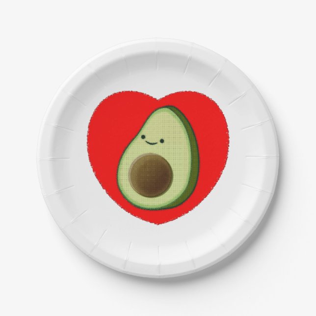 Cute Avocado Cartoon In Red Heart Paper Plate (Front)