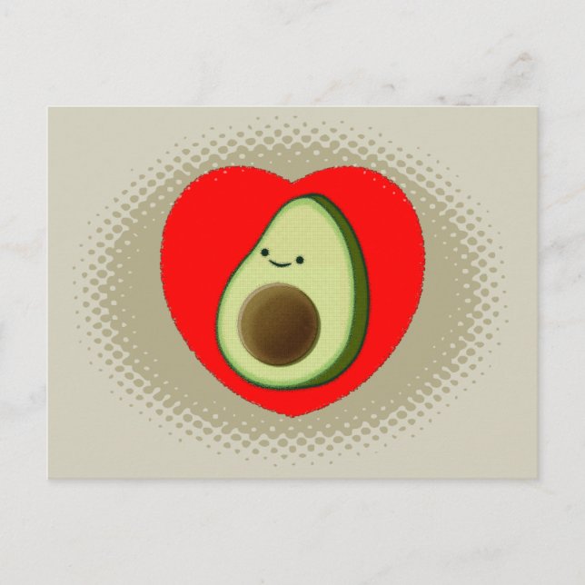 Cute Avocado Cartoon In Red Heart Sage Green Postcard (Front)