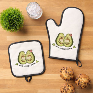 Cute Avocado Couple "We're a Perfect Match" Pun Oven Mitt & Pot Holder Set