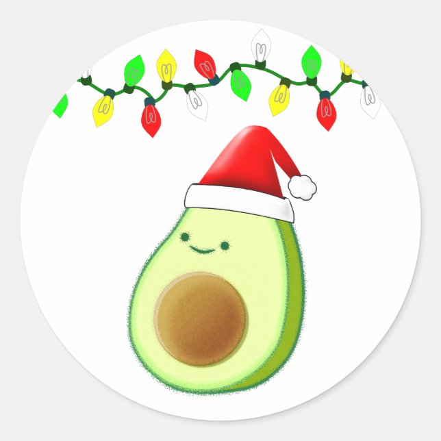 Cute Avocado Drawing Santa Hat Christmas Lights Classic Round Sticker (Front)
