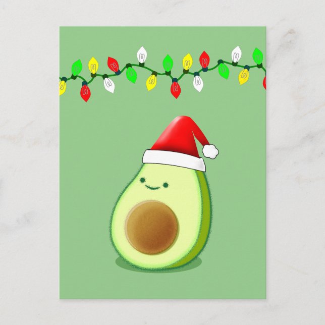 Cute Avocado Drawing Santa Hat Christmas Lights Postcard (Front)