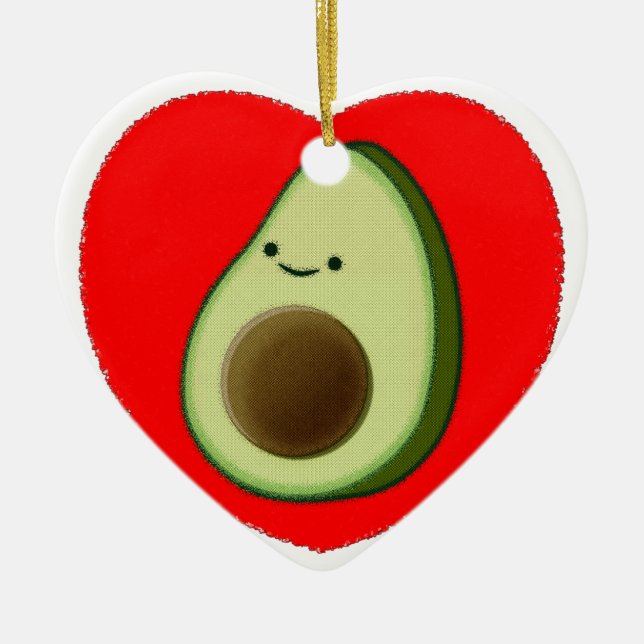 Cute Avocado In Red Heart Ceramic Tree Decoration (Front)