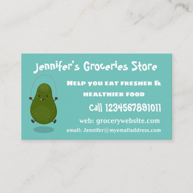 Cute avocado jump rope cartoon illustration business card (Front)