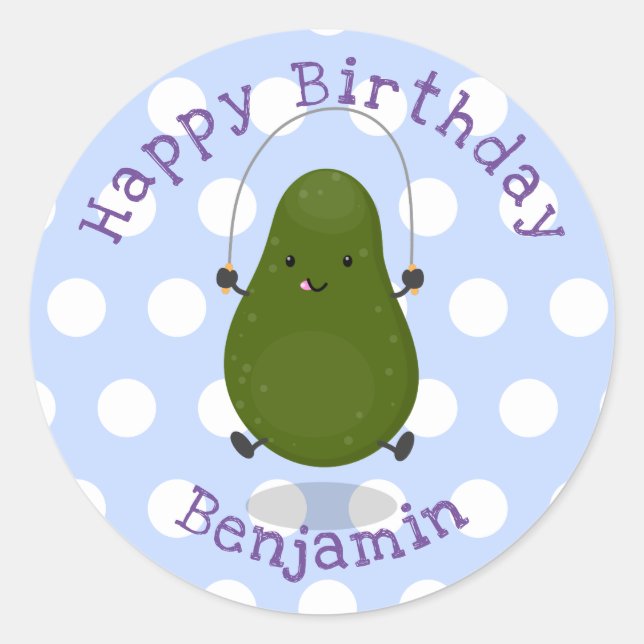 Cute avocado jump rope cartoon illustration classic round sticker (Front)