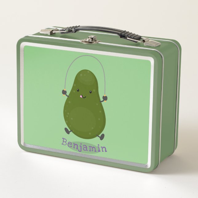 Cute avocado jump rope cartoon illustration metal lunch box (Front)