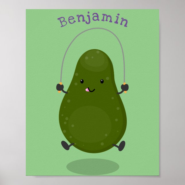 Cute avocado jump rope cartoon illustration poster (Front)