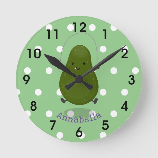 Cute avocado jump rope cartoon illustration round clock (Front)