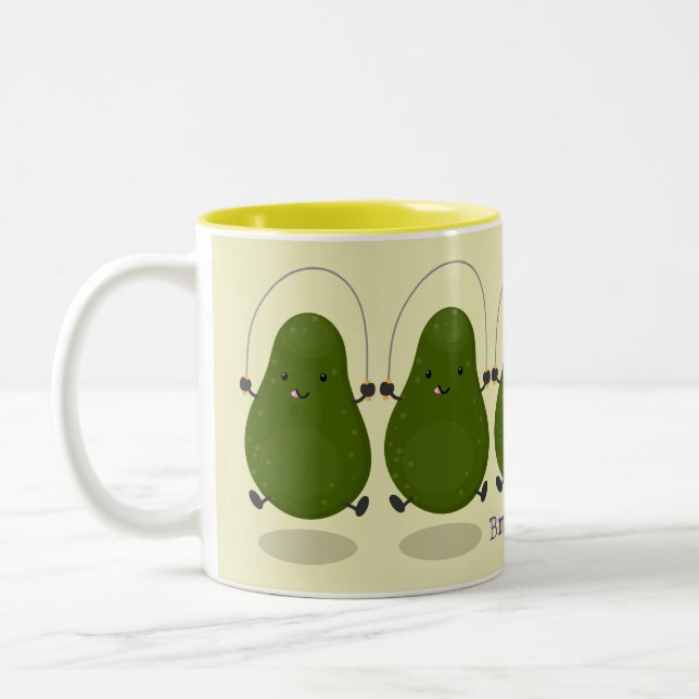 Cute avocado jump rope cartoon illustration Two-Tone coffee mug (Left)