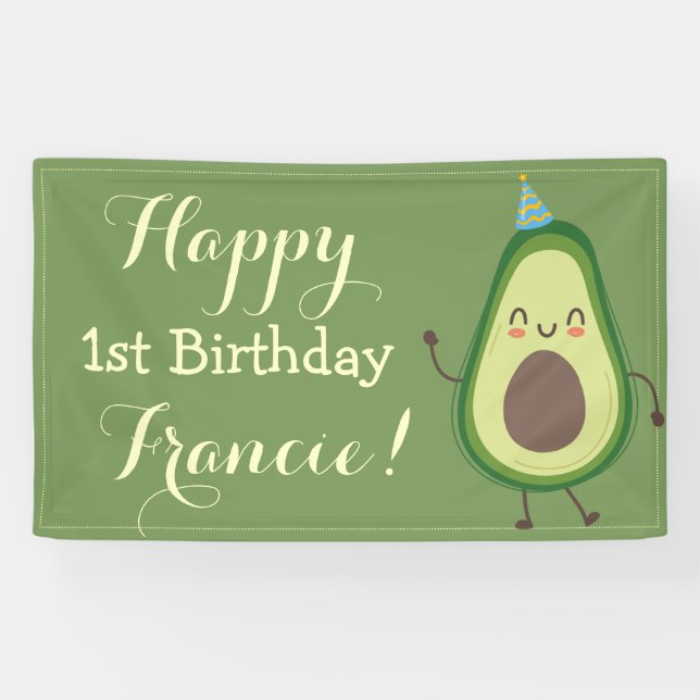 Cute Avocado Personalise 1st Birthday Backdrop Banner (Horizontal)