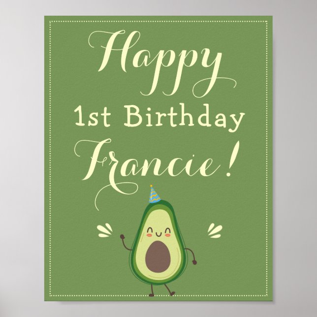 Cute Avocado Personalise 1st Birthday Welcome Poster (Front)