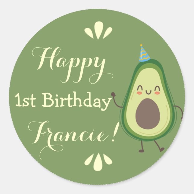 Cute Avocado Personalise Colourful 1st Birthday Classic Round Sticker (Front)