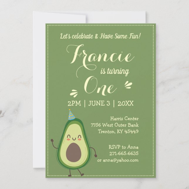 Cute Avocado Personalise Colourful 1st Birthday Invitation (Front)
