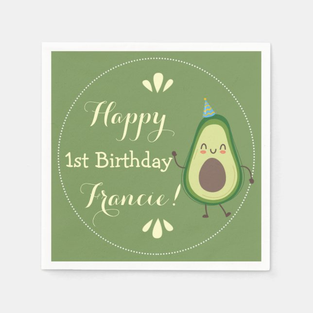 Cute Avocado Personalise Colourful 1st Birthday Napkin (Front)