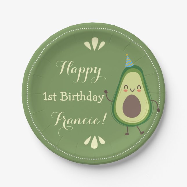 Cute Avocado Personalise Colourful 1st Birthday Paper Plate (Front)