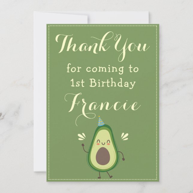Cute Avocado Personalise Colourful 1st Birthday Thank You Card (Front)