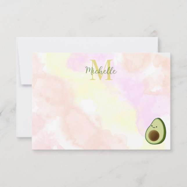 Cute Avocado Personalised Monogram Watercolor Card (Front)