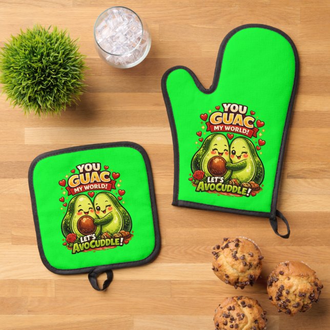 Cute Avocado Valentine’s Love Design, kawaii Love Oven Mitt & Pot Holder Set (Top Down)
