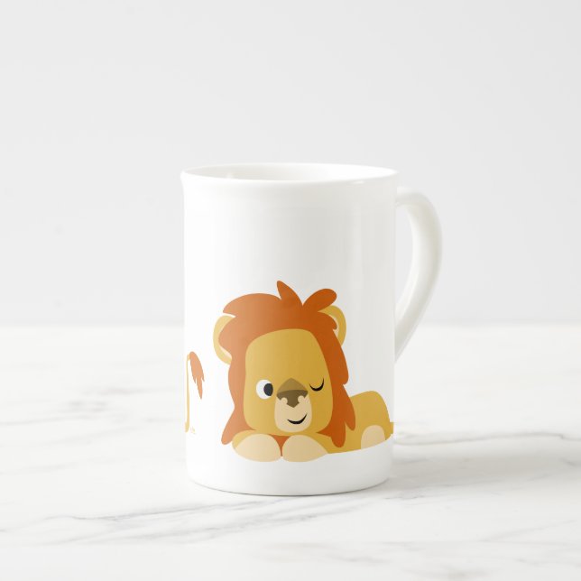 Cute Awake Cartoon Lion Bone China Mug (Front Right)