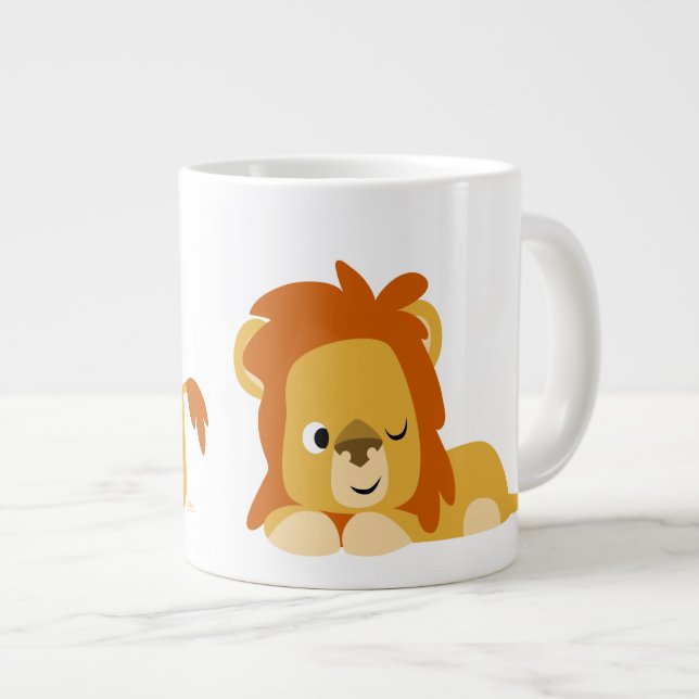 Cute Awake Cartoon Lion Large Coffee Mug (Front Right)