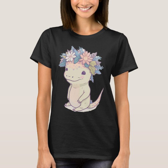 Cute Axolotl Amphibian Flower Crown Watercolor Ani T-Shirt (Front)